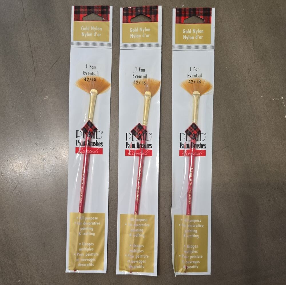 NOS 3 Packs Plaid Essentials Paint Brushes 42718 1 Fan Eventail Gold Nylon Craft